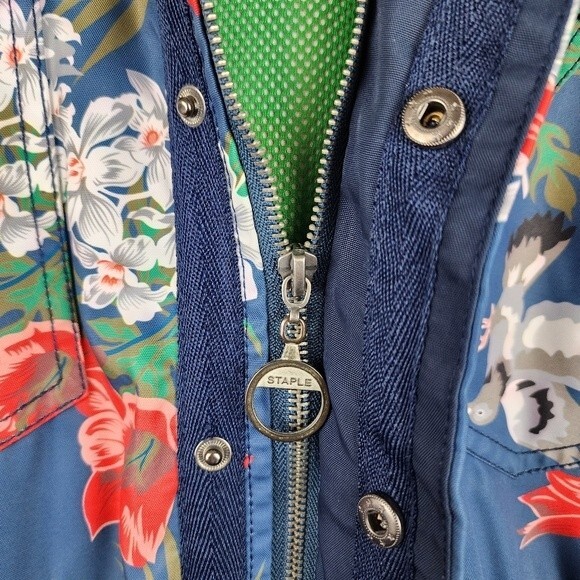 Staple Hooded Rain Jacket Coat Pigeon Brand Blue Floral Birds Print Size M - Picture 12 of 16